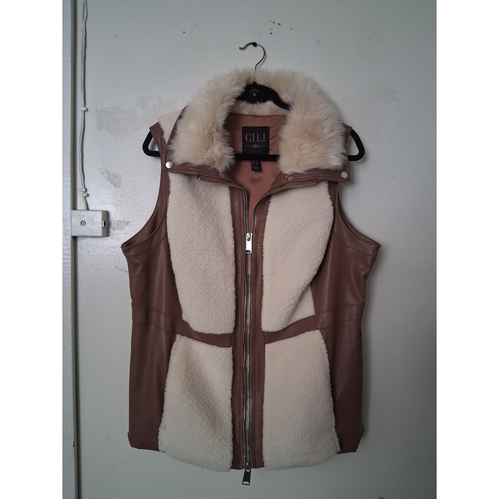 G.I.L.I. Womens Tan Faux Leather Sherpa Mixed Media Vest Removable FurCollar 18W